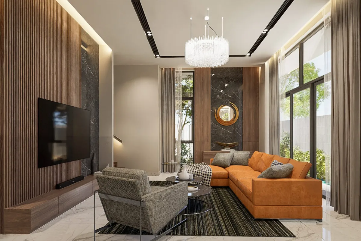 Phối cảnh phòng khách hiện đại với ốp lam gỗ và sofa cam