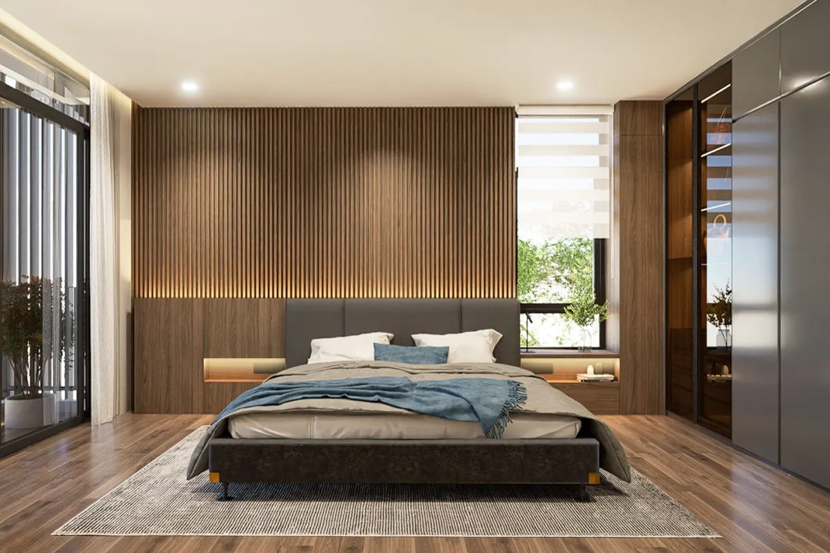 Phối cảnh phòng ngủ với đầu giường ốp lam gỗ
