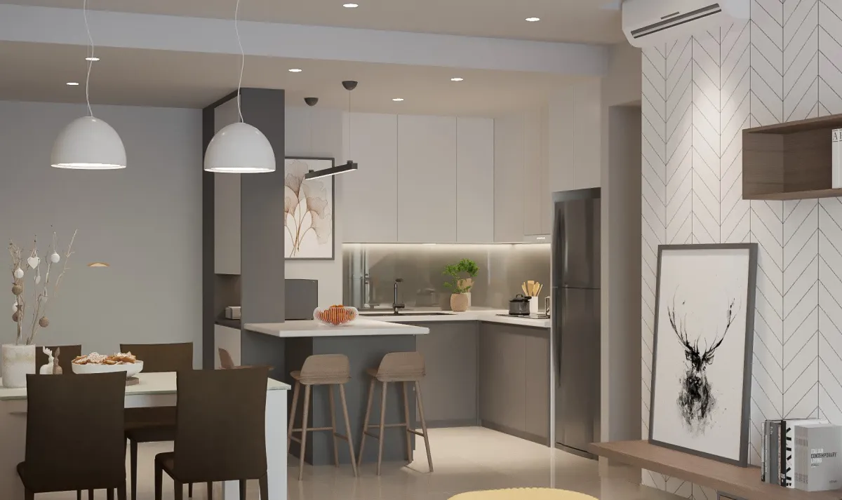 Phối cảnh bếp và bàn ăn căn hộ Sunrise Cityview