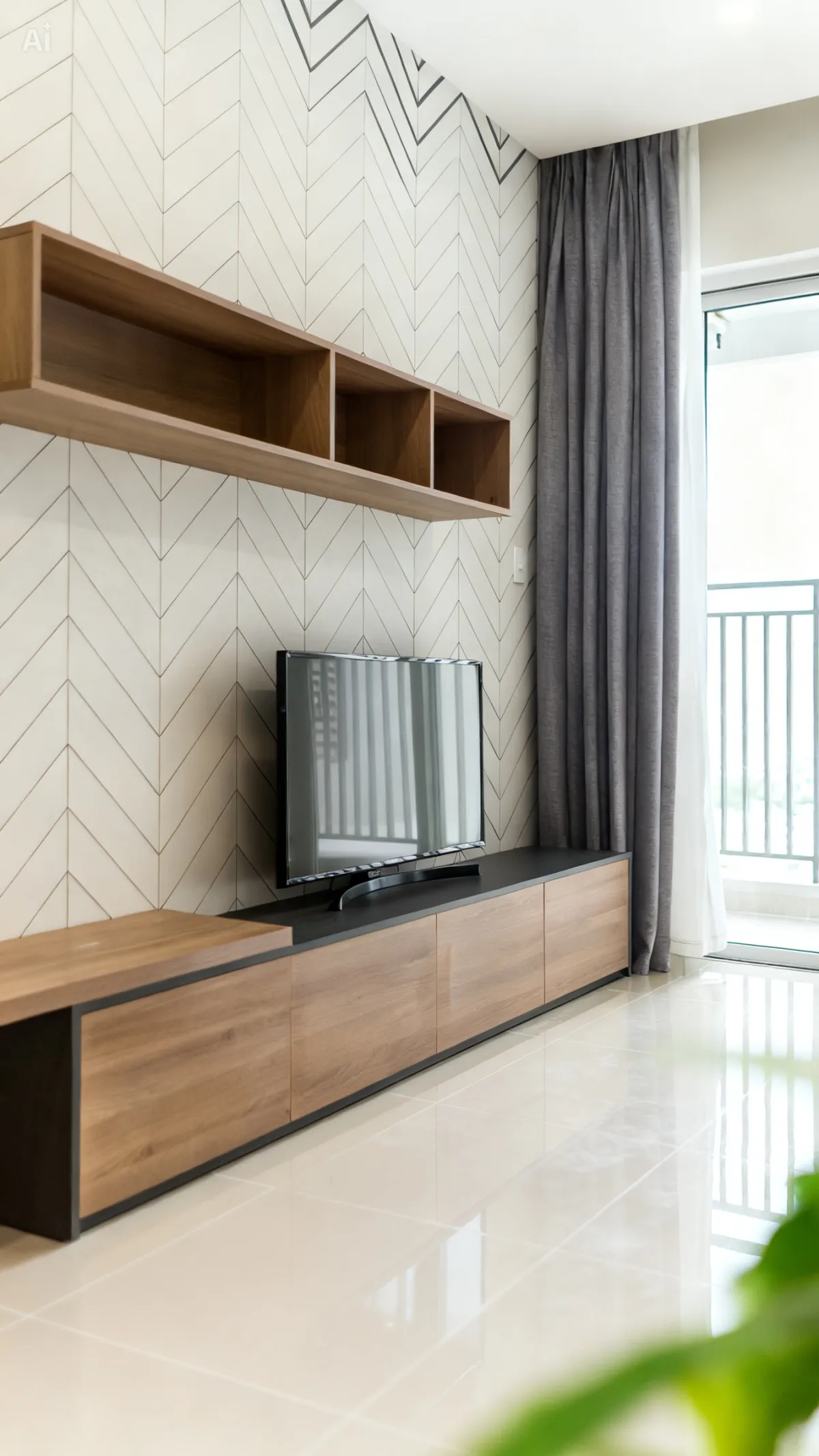 Kệ tivi gỗ và tường ốp xương cá căn hộ Sunrise Cityview
